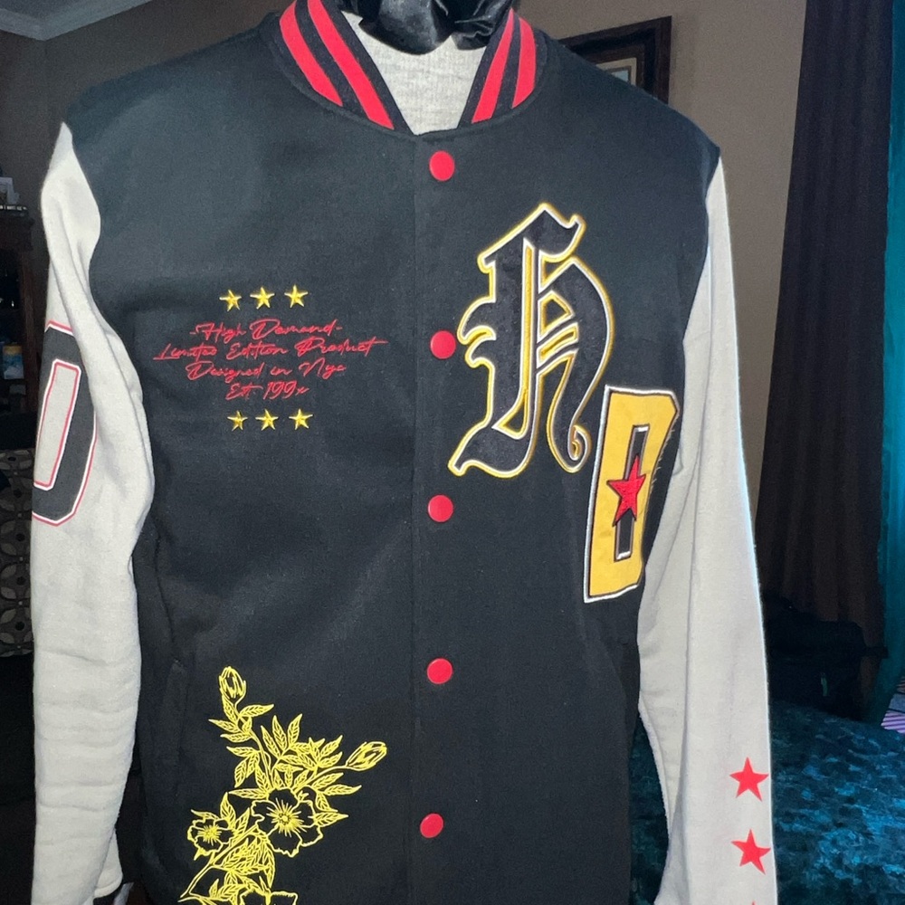 Stylish Black and Gray Varsity Jacket with Red Accents